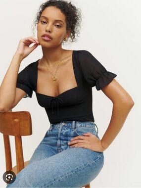 Reformation develan Black Square-Neck Puff-Sleeve Crop Top